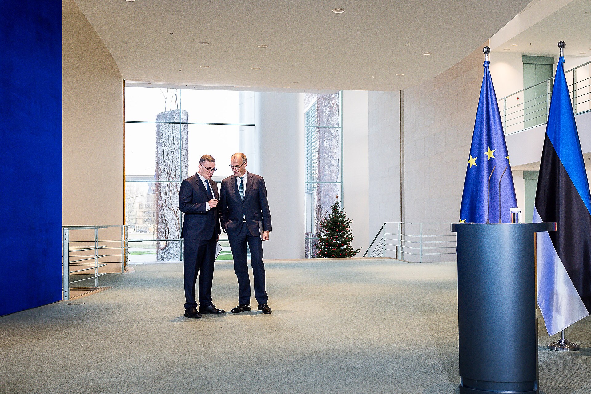 German Chancellor Friedrich Merz with Estonian Prime Minister Kristen Michal at the Federal Chancellery in Berlin — Merz said budget positions remain far apart at the EU summit in Brussels