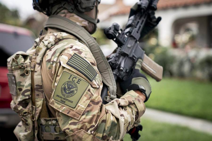 ICE Enforcement and Removal Operations agents during a Los Angeles operation in June 2025, shown as context for the Austin deportation case