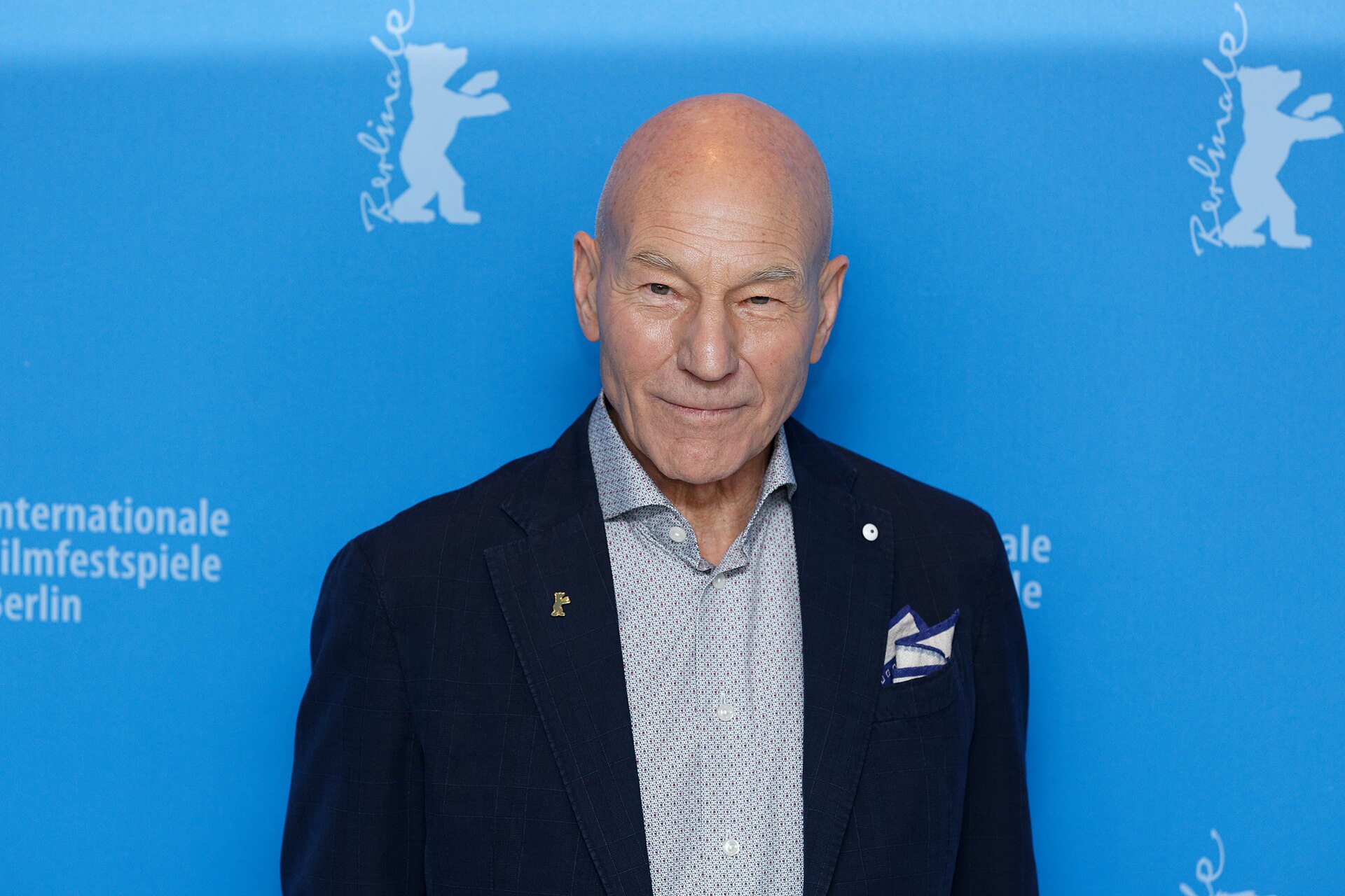 Patrick Stewart at the Berlinale photo call for Logan in 2017, where his performance as an ailing Professor X won wide acclaim