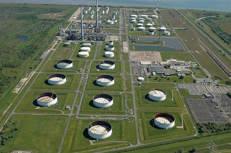 Aerial view of refinery and oil-storage tanks in Wilhelmshaven, Germany