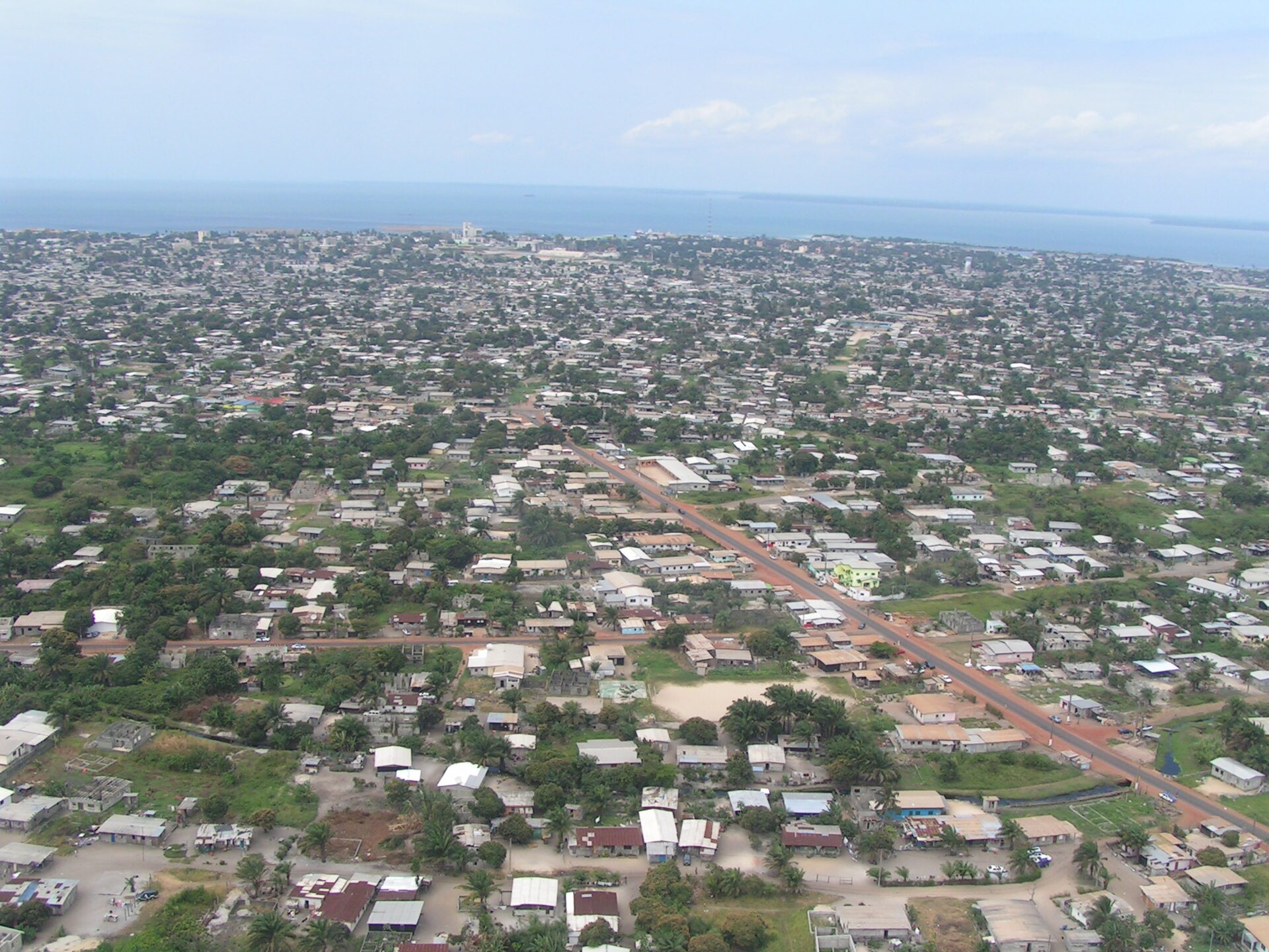 Port-Gentil, Gabon's oil capital, seen from the air with the Atlantic beyond, file photo