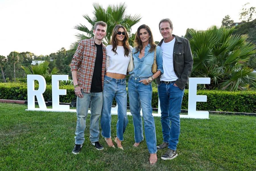Presley Gerber, Kaia Gerber, Cindy Crawford and Rande Gerber together at a fashion event in May 2026