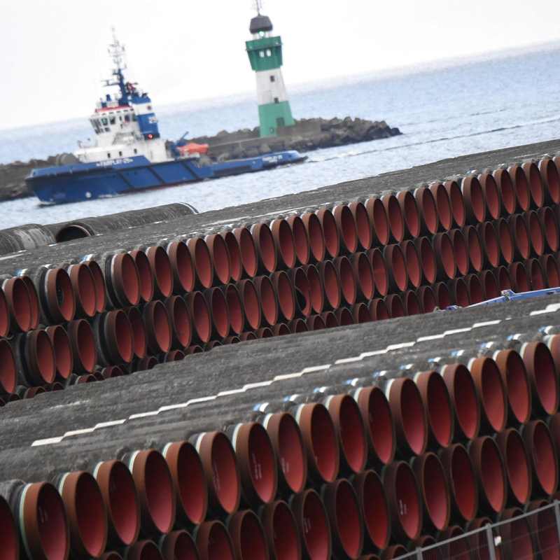 Rows of Nord Stream 2 pipes at Mukran port in Germany