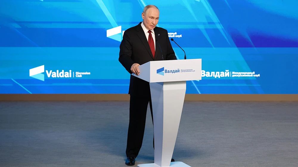 Vladimir Putin speaks at the plenary session of the 23rd Annual Meeting of the Valdai Discussion Club in Moscow on October 1, 2026, where he praised Narendra Modi's Ukraine peace plan as very good ideas.