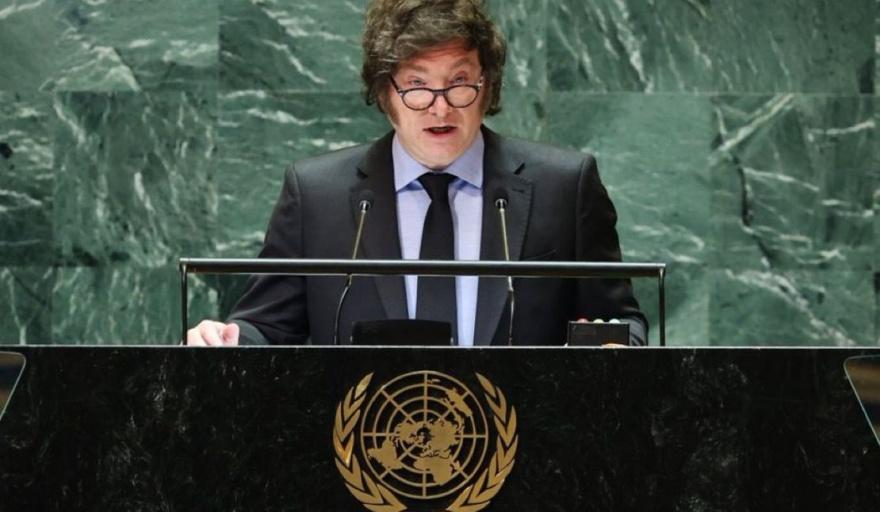Javier Milei speaking from the United Nations General Assembly rostrum in a file photograph