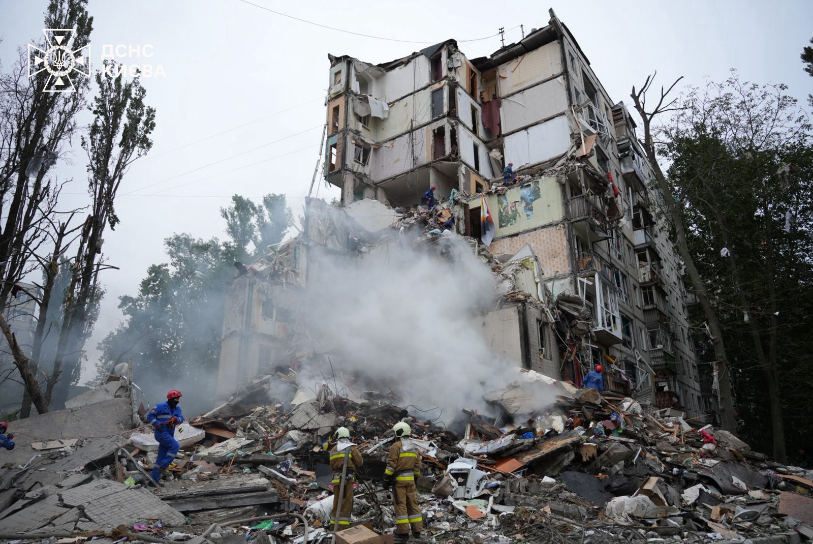 Apartment building in Kyiv's Sviatoshyn district after a Russian ballistic missile strike, July 2025 — scenes like this repeated across the capital overnight on September 24, 2026.