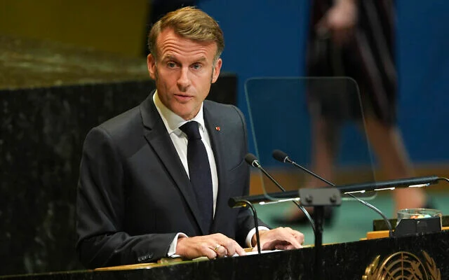 French President Emmanuel Macron addressing the United Nations General Assembly in September 2025