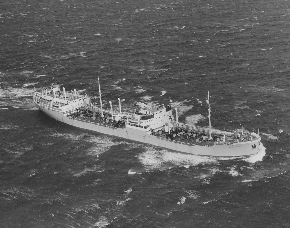 Oil tanker underway at sea in an archival photograph
