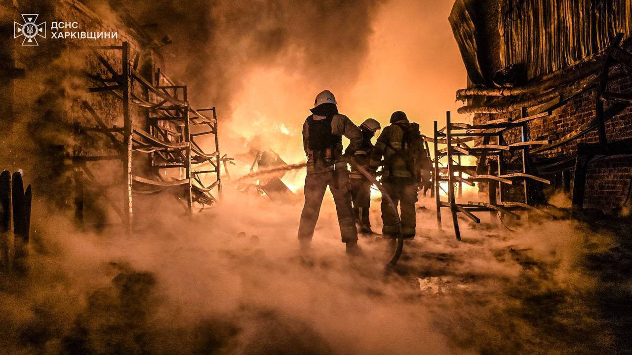 State Emergency Service firefighters battle a blaze after a drone attack in the Kharkiv region — Kharkiv park drone strike file photograph