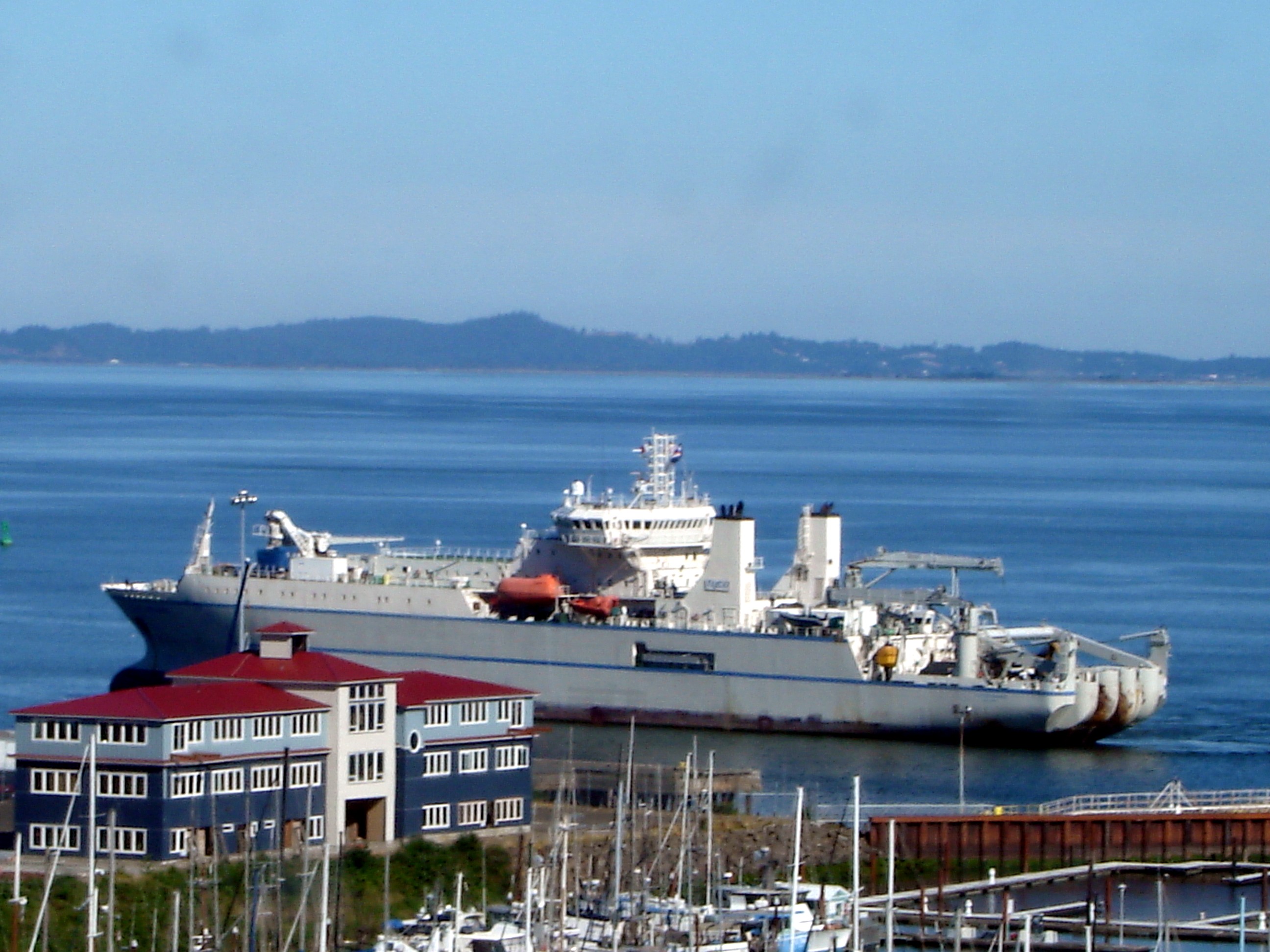 A cable layer ship — the specialised vessels that lay and repair submarine communications cables
