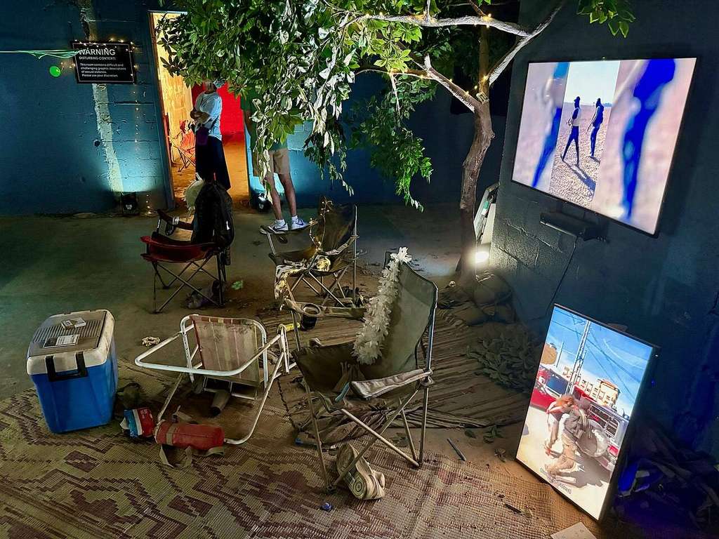 Memorial installation at the Nova Festival Exhibit documenting the October 7, 2023 massacre, where nearly 380 people were killed and Noa Argamani was abducted