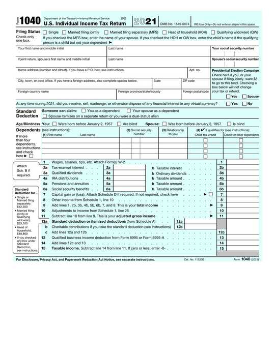 Page one of Form 1040 illustrating where a new 1040 form citizenship question could affect annual filing