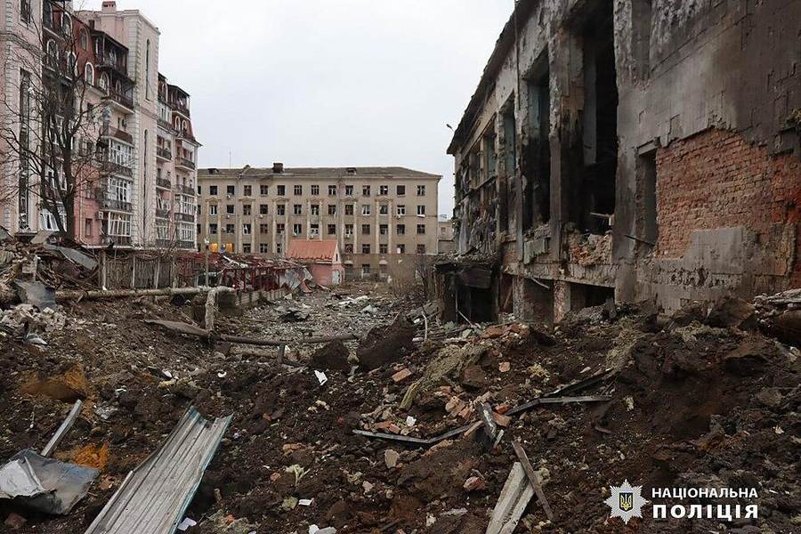 Rubble and damaged buildings in Kharkiv after a January 2024 Russian attack — file image for the September 28 Kharkiv guided bomb strike analysis