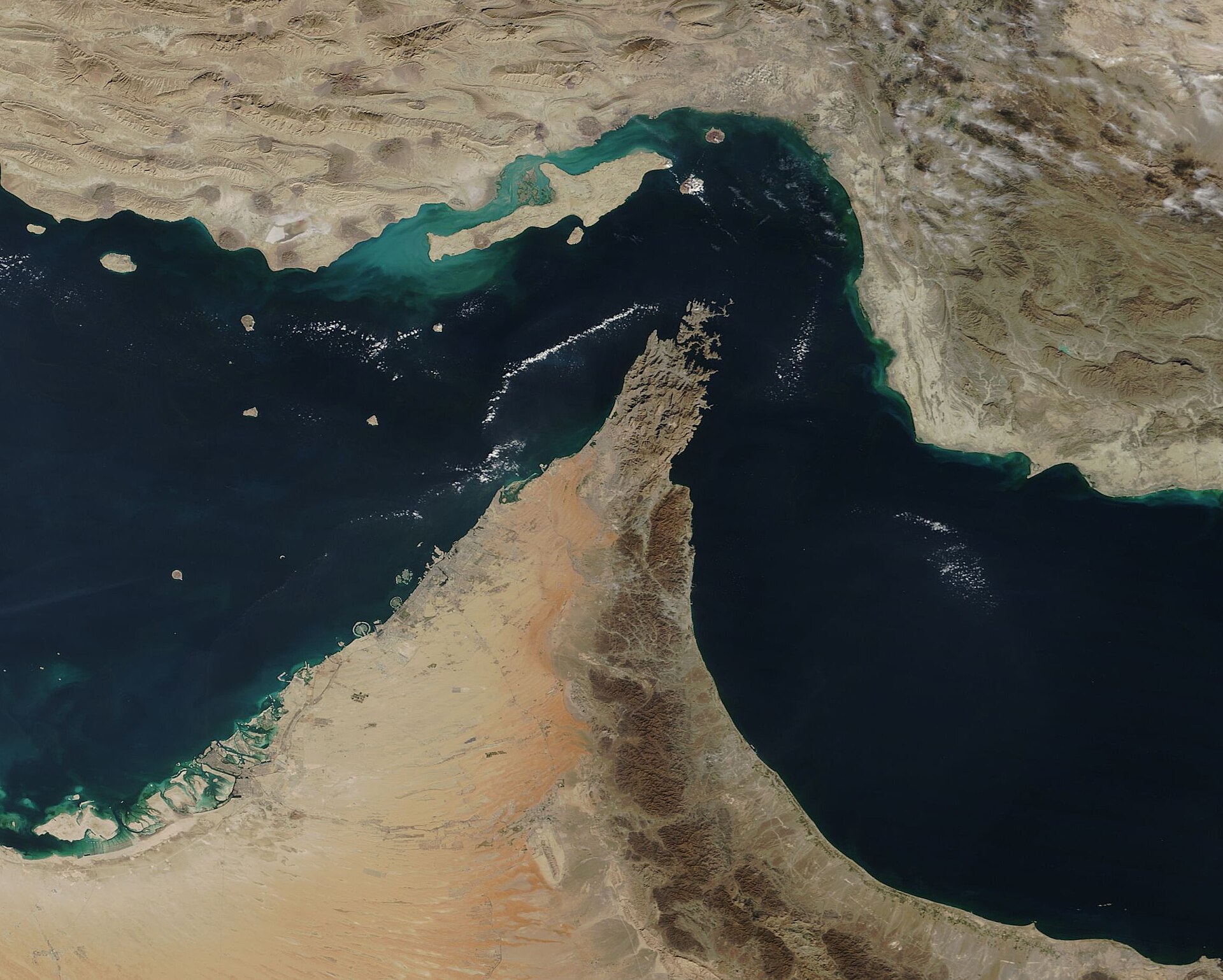 Satellite view of the Strait of Hormuz and the Musandam Peninsula, the shipping chokepoint at the centre of the Qatar Iran war deal talks