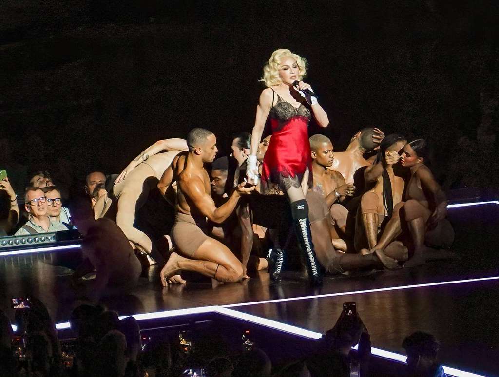 Madonna performing on The Celebration Tour — she led the 2026 MTV VMAs with seven wins including Artist of the Year
