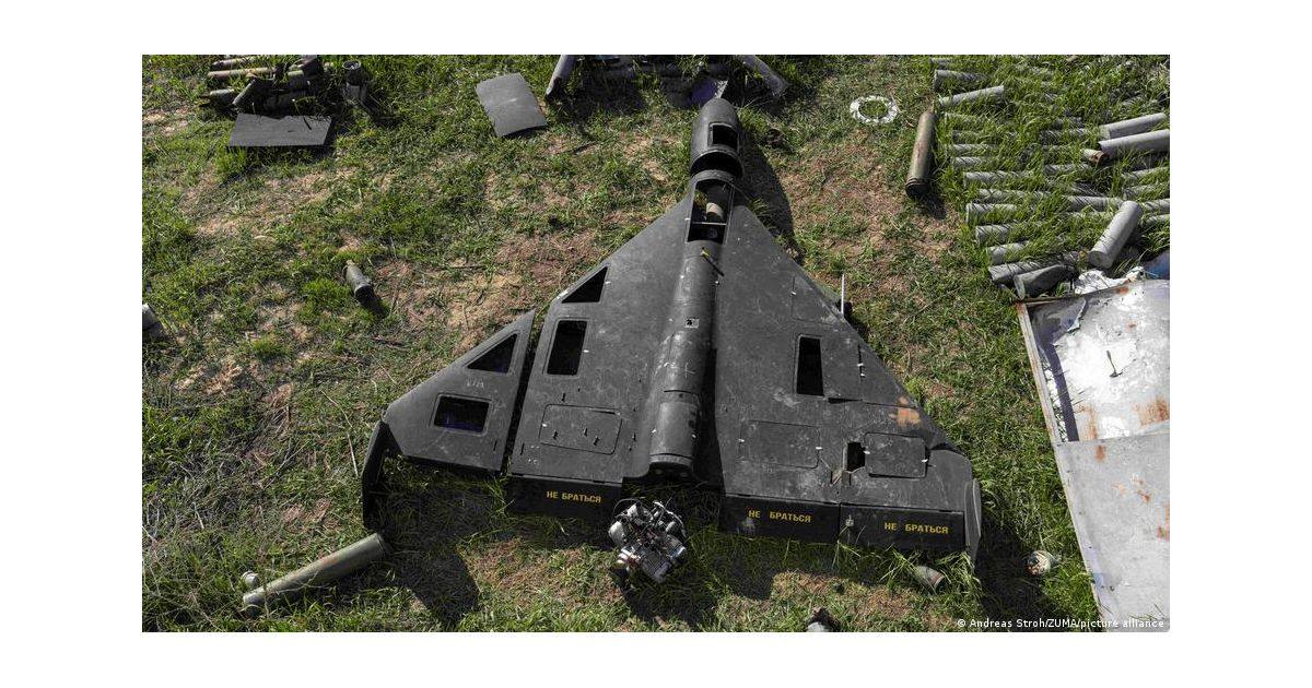 Debris from a Shahed-type attack drone displayed in an April 2026 file image