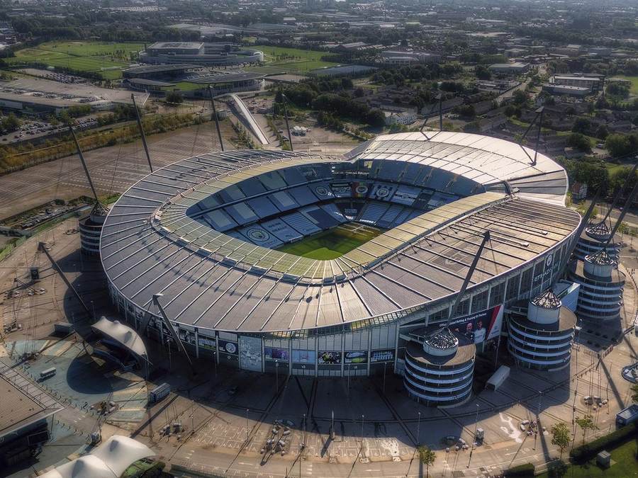 Aerial view of Manchester City's Etihad Stadium during the City financial investigation covering 2009 to 2018