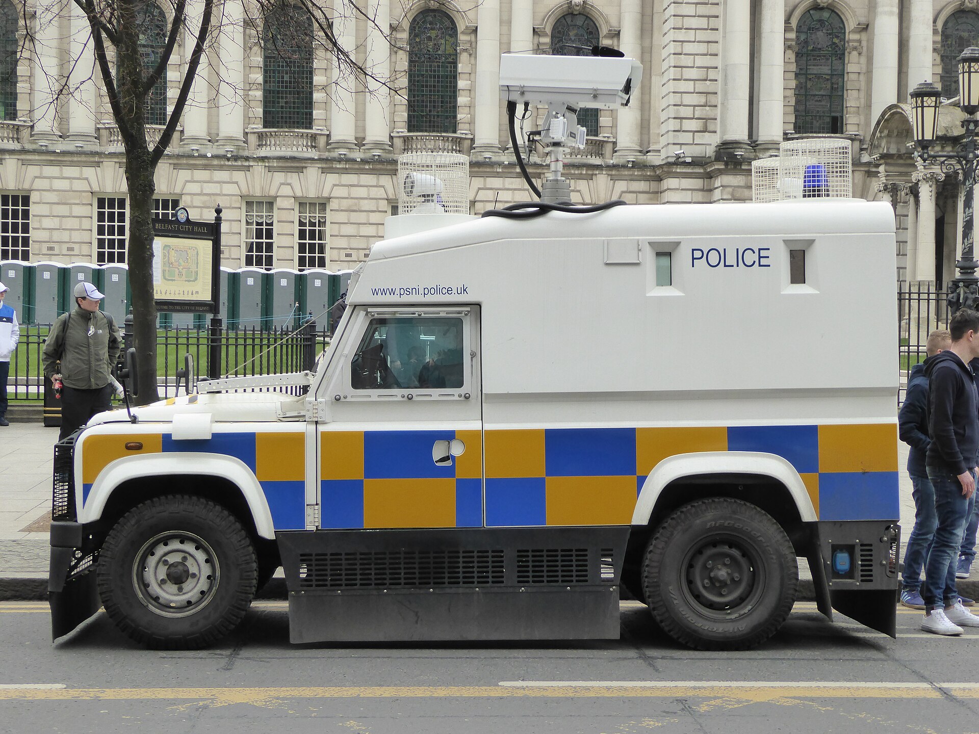 A PSNI armoured police Land Rover in Belfast, Northern Ireland