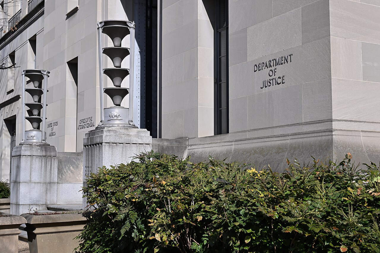 Department of Justice sign at the Robert F. Kennedy DOJ building in Washington DC as the department threatens California over its noncitizen voter list