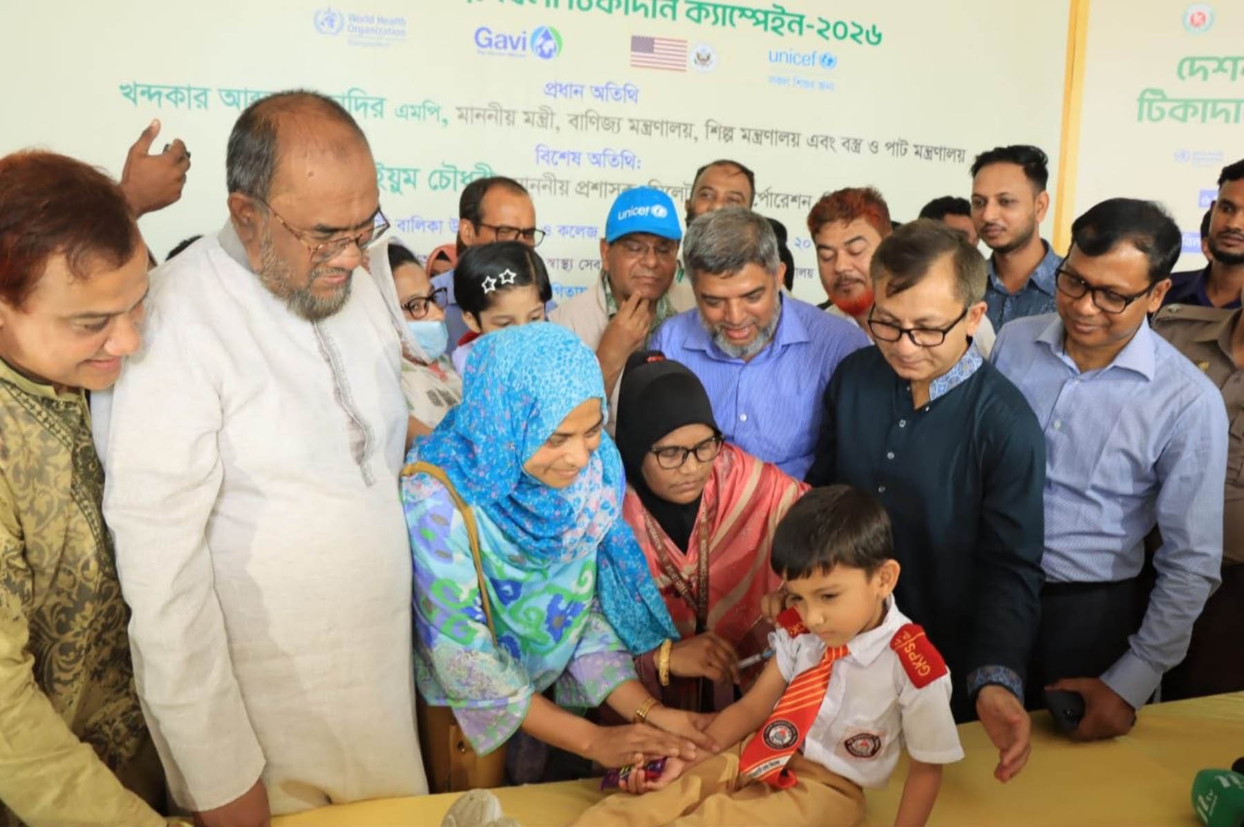 Child receiving a measles-rubella vaccination in Sylhet, Bangladesh during the April 2026 emergency campaign at the centre of the Bangladesh measles outbreak