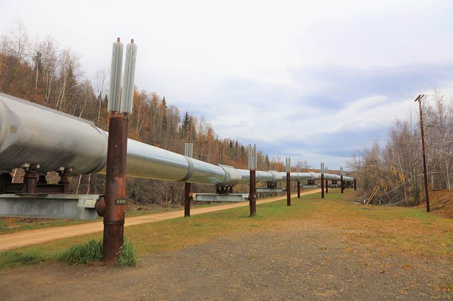 Trans-Alaska Pipeline crossing the Alaska landscape, illustrating the scale and terrain facing an Alaska LNG pipeline