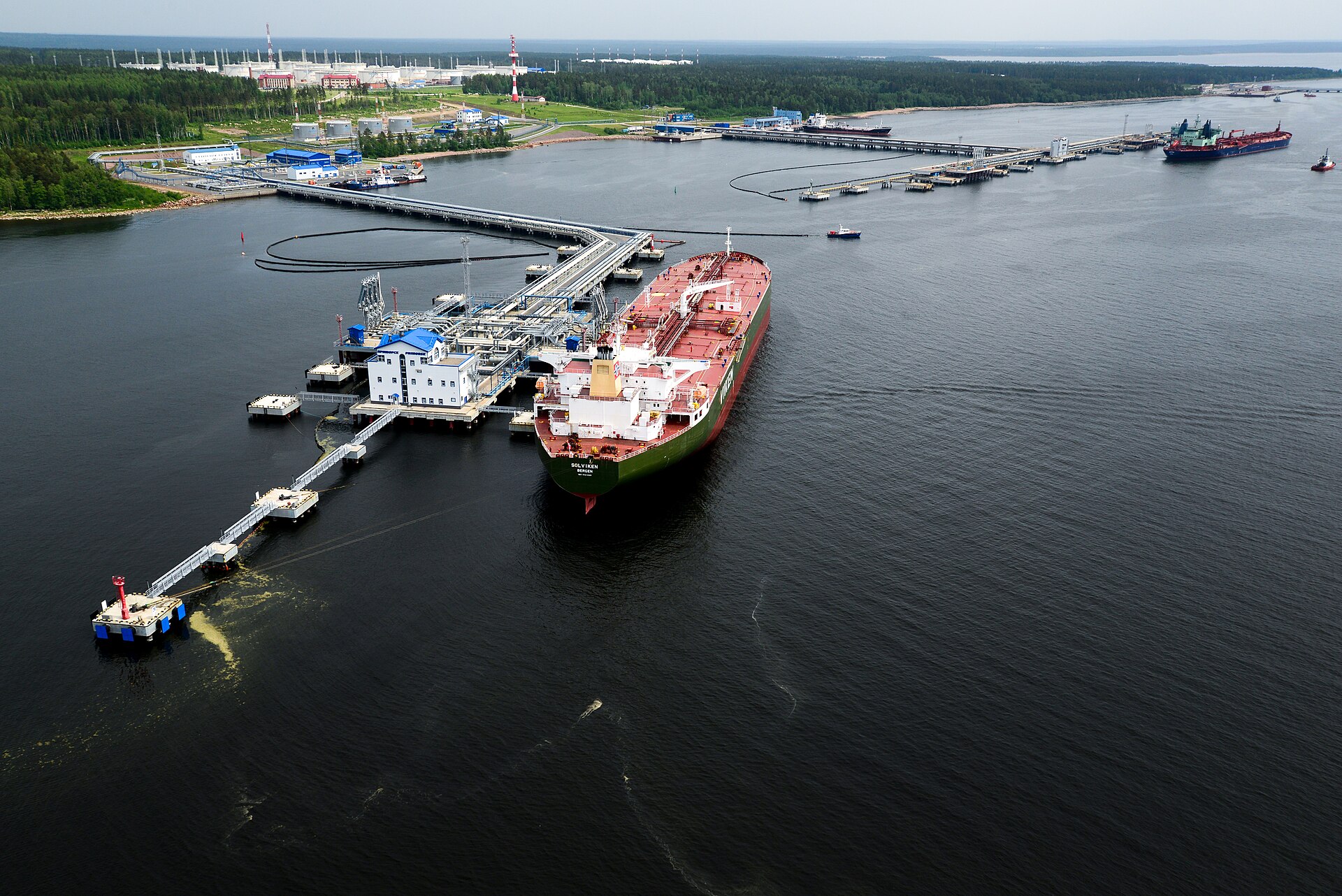 First Russian diesel shipment US — aerial view of the Primorsk oil terminal on Russia's Baltic coast, where the tanker Agioi Fanendes loaded diesel for New York