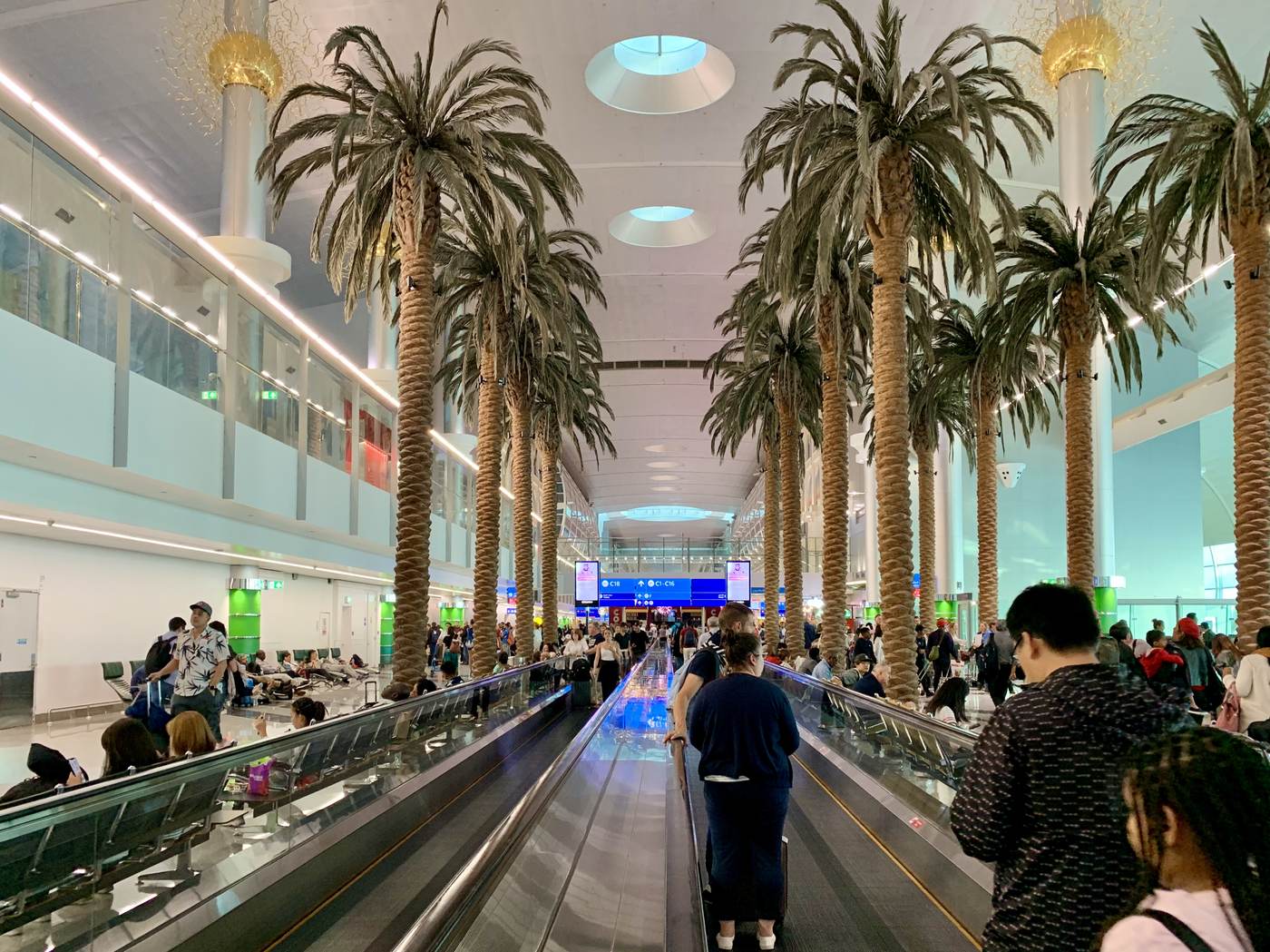 Interior concourse of Dubai International Airport Terminal 3, a major Gulf hub where no Iran services were visible Thursday