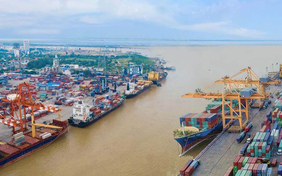 Aerial view of Yangon port, Myanmar's commercial hub