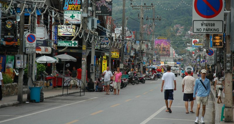 Bangla Road in Patong, Phuket, the nightlife street named among those blocked by mud and debris in the Phuket flash floods