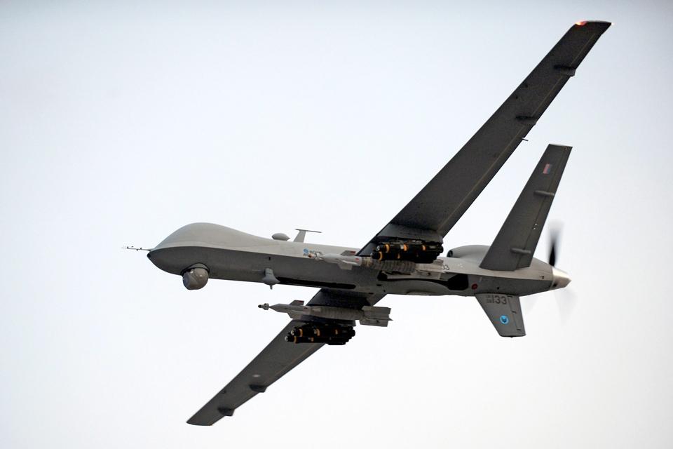 A Royal Air Force Reaper remotely piloted aircraft in flight, illustrating Britain's military drone development