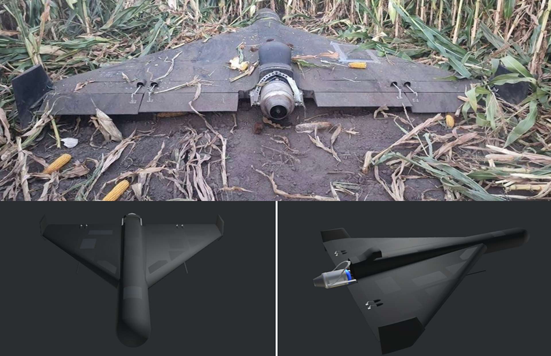 Recovered jet-powered Geran-3 drone displayed with technical renderings