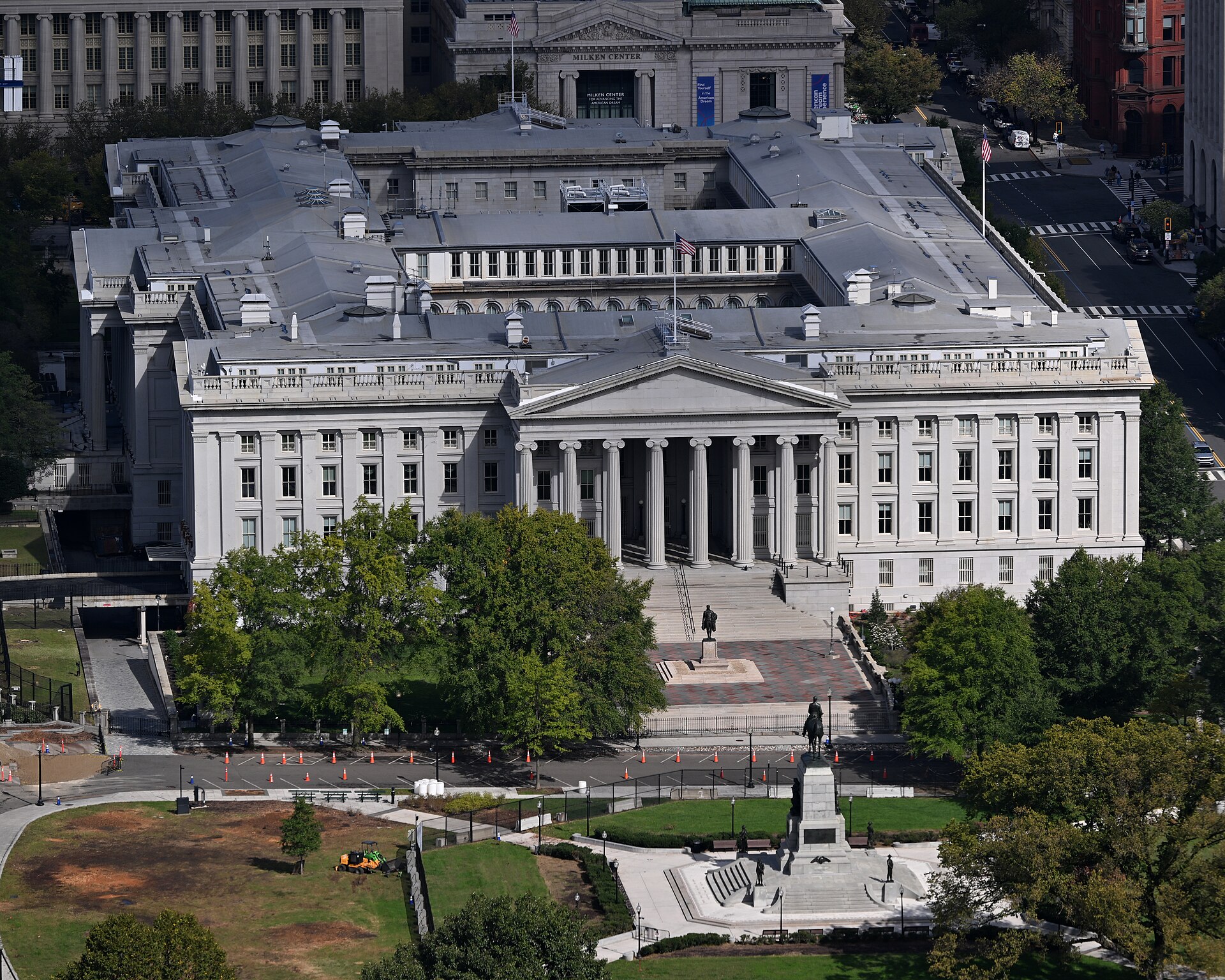 Aerial view of the U.S. Department of the Treasury building in Washington, D.C., which reported the US budget deficit 2026 final figures
