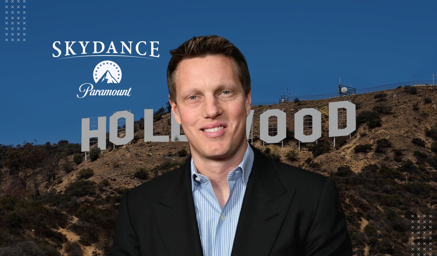 David Ellison in front of the Hollywood sign in a Paramount Skydance montage