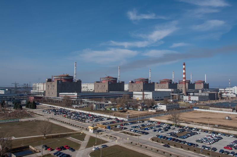 Panoramic file view of the six-reactor Zaporizhzhia nuclear power plant beside its cooling reservoir