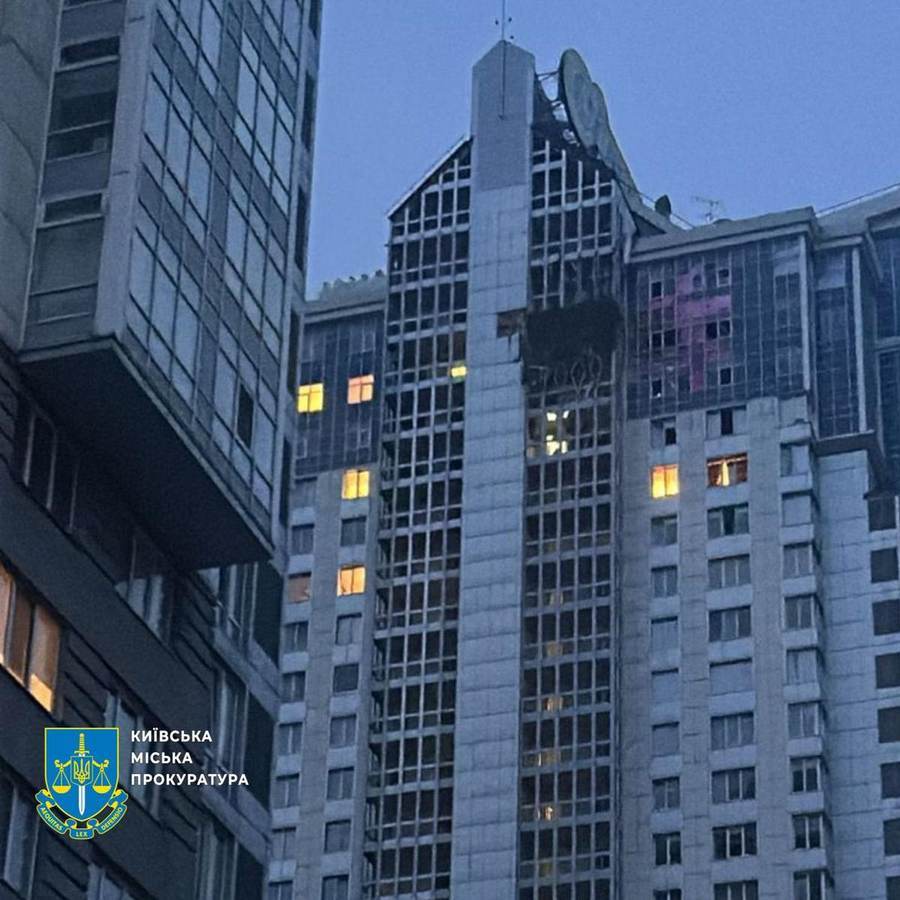 Damaged Kyiv apartment tower shown as context for the Kyiv drone strike that killed a boy in Pechersk