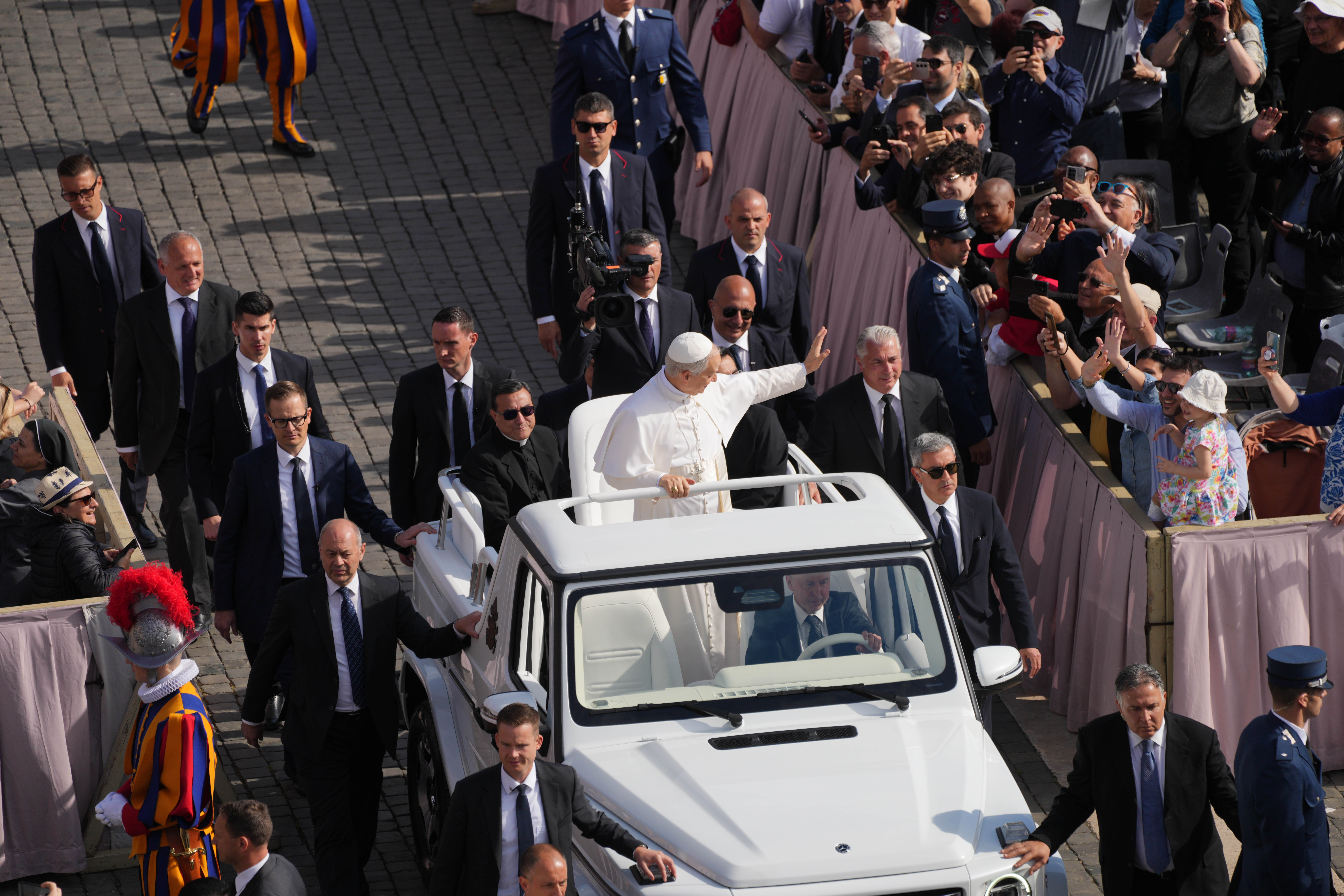 Pope Leo first general audience since surgery — Pope Leo XIV waving from the popemobile in St Peter's Square, file photo