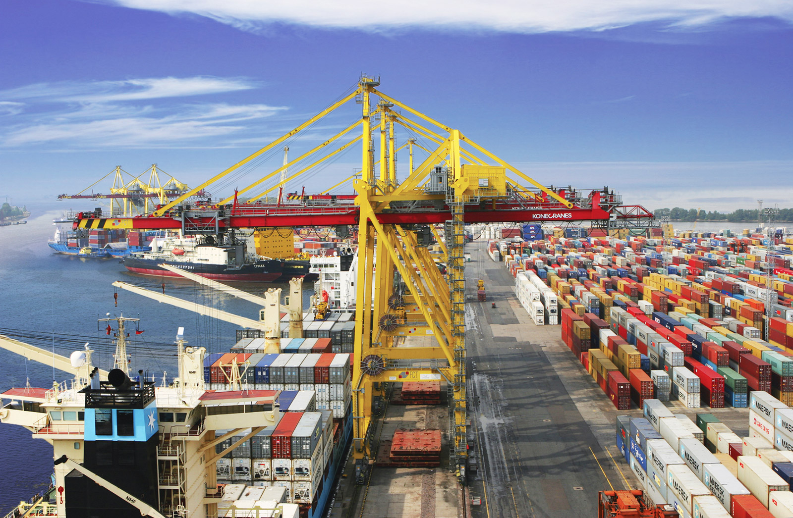 Container terminal cranes and shipping in the Great Port of St. Petersburg — Russia's principal Baltic port complex, where the oil terminal sits