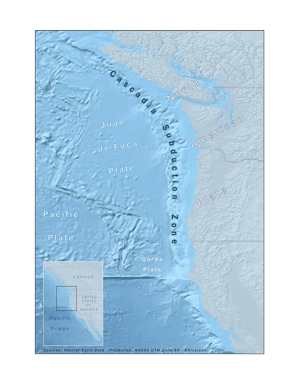 Map of the Cascadia Subduction Zone along the Pacific Northwest coast