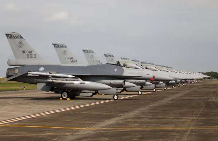 Row of Republic of China Air Force F-16V fighters parked for a readiness display