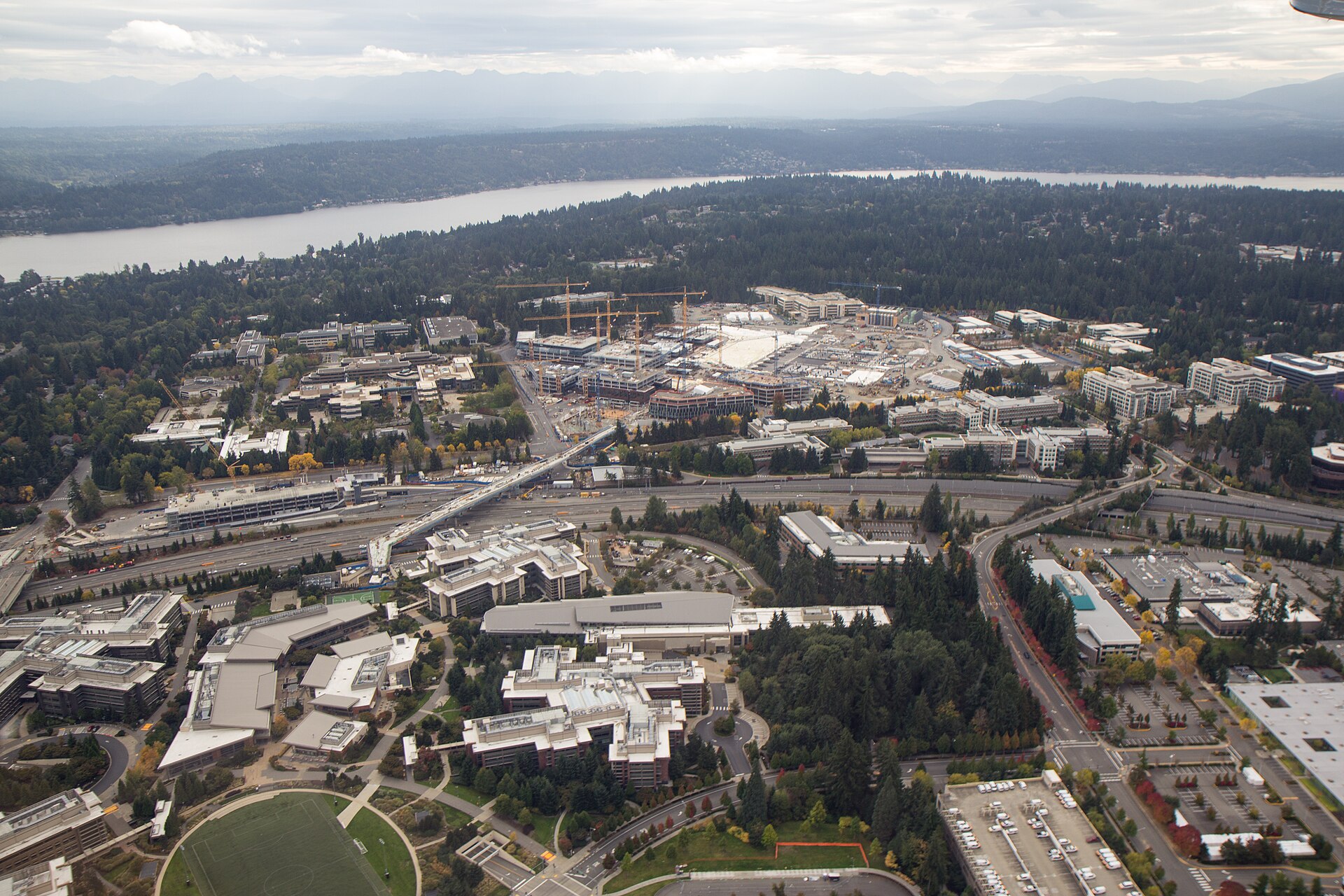 Aerial view of Microsoft's Redmond, Washington campus during its redevelopment, with construction cranes over new buildings and Lake Washington beyond