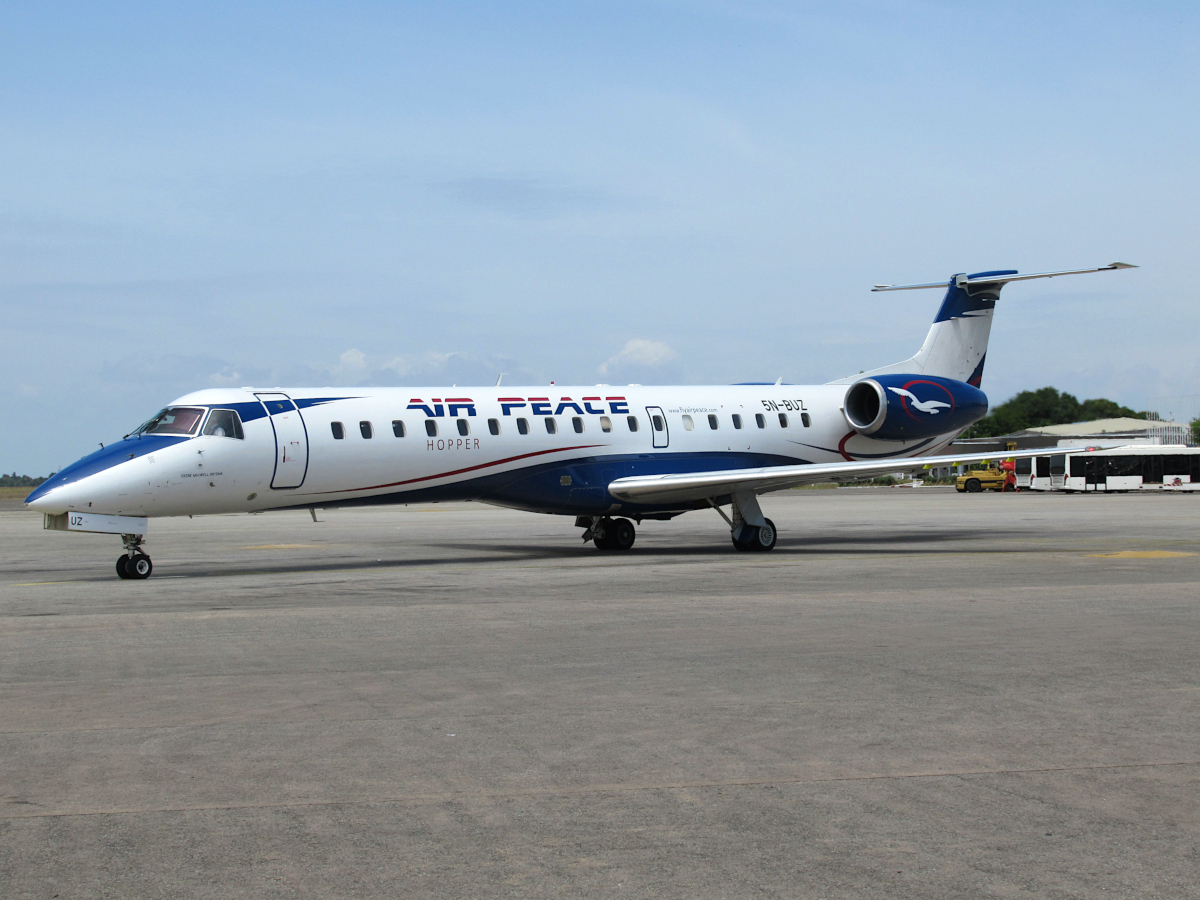 An Air Peace Hopper jet on the tarmac at Lungi International Airport, Sierra Leone — where deportation flights arrive