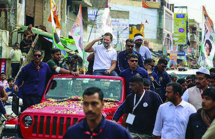 Rahul Gandhi addressing a public gathering as he backs protests demanding the election chief's resignation