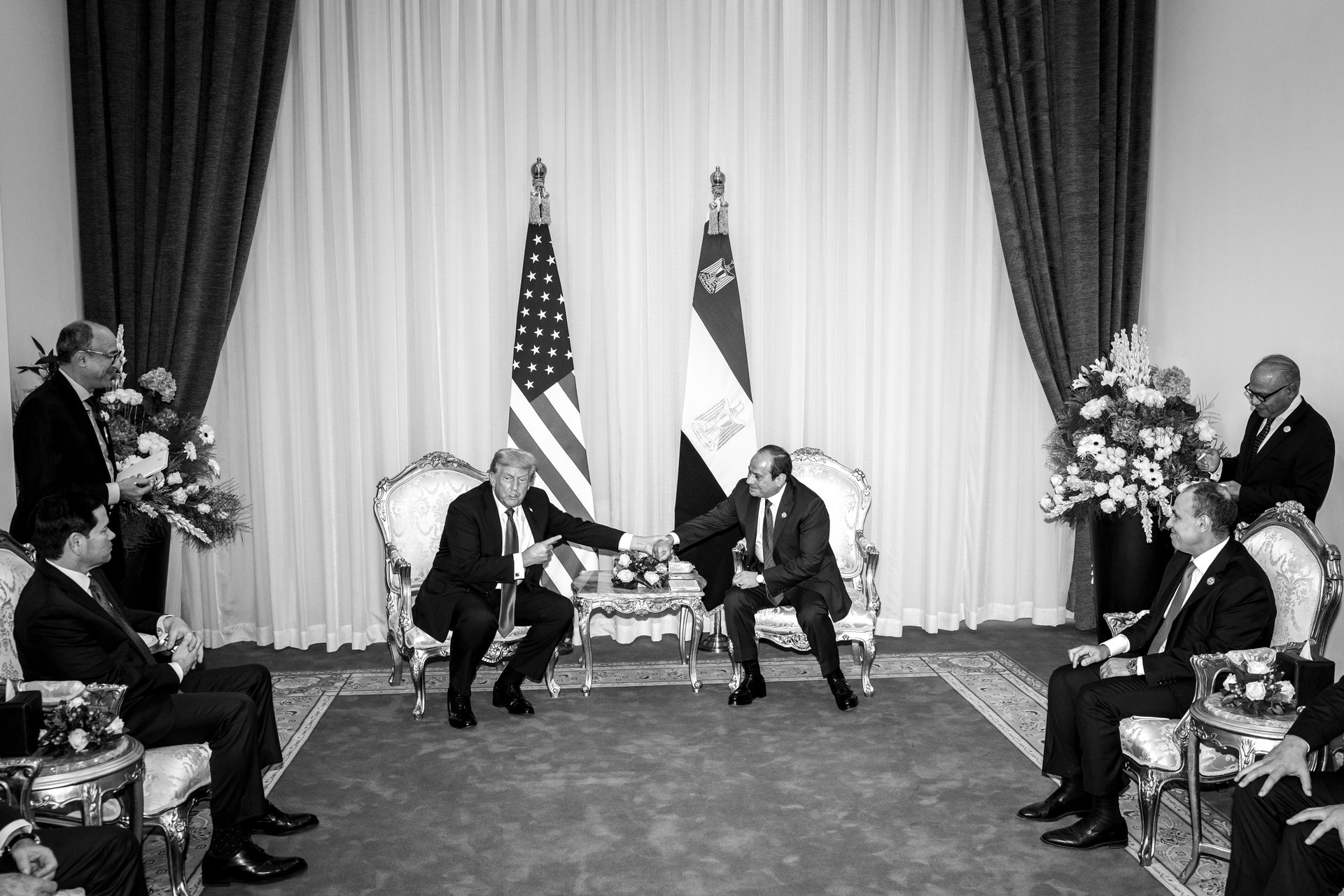 Egyptian President Abdel Fattah al-Sisi shaking hands with US President Donald Trump at Sharm El-Sheikh in October 2025, an archive photo as Sisi seeks parliament's backing to defend Saudi Arabia