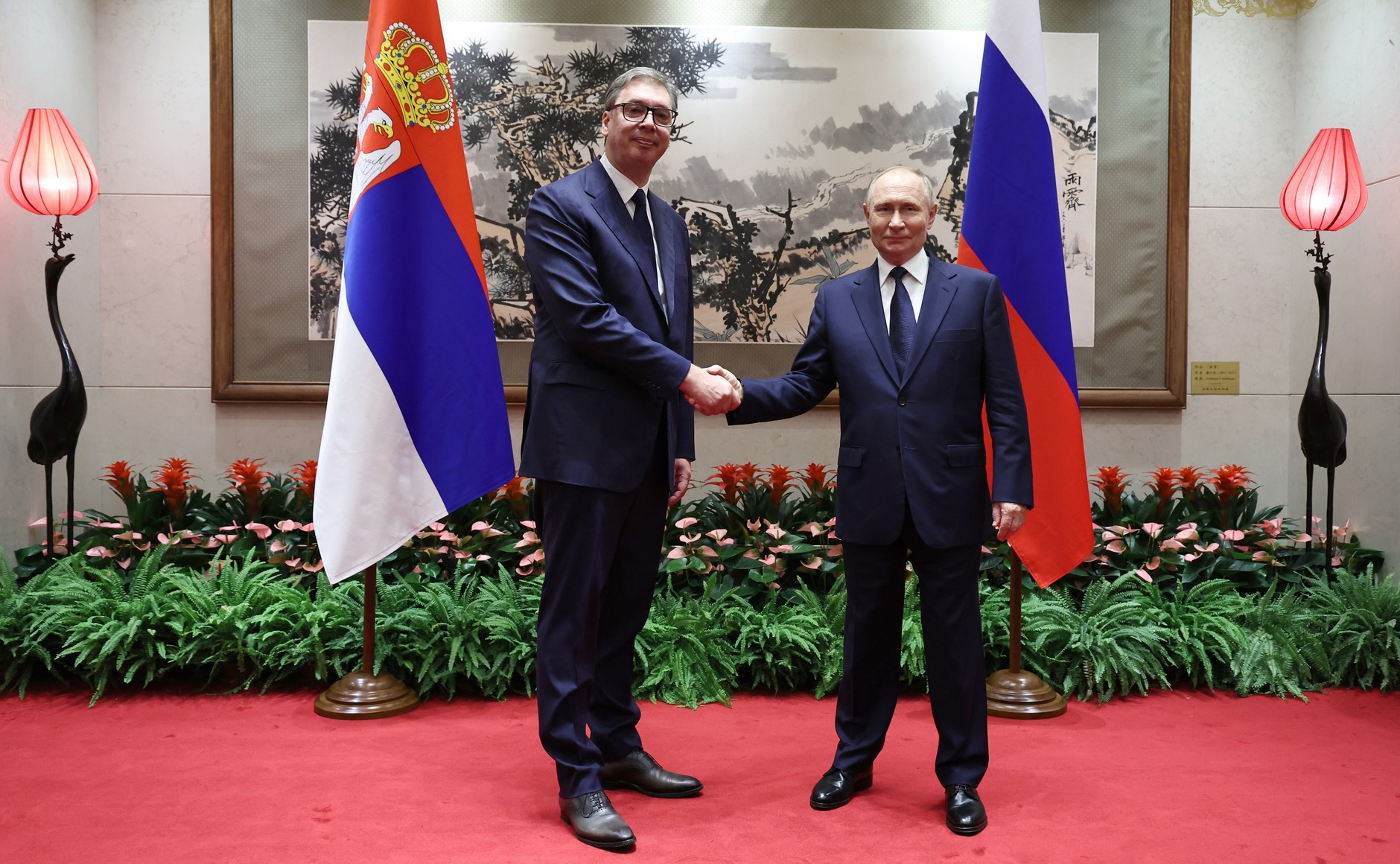 Vucic concedes defeat — Aleksandar Vučić shaking hands with Vladimir Putin in Beijing in September 2025; Putin endorsed Vučić in the Serbia election