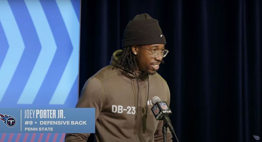 Joey Porter Jr. at the 2023 NFL Scouting Combine, before Pittsburgh drafted him and later traded him to the Cowboys