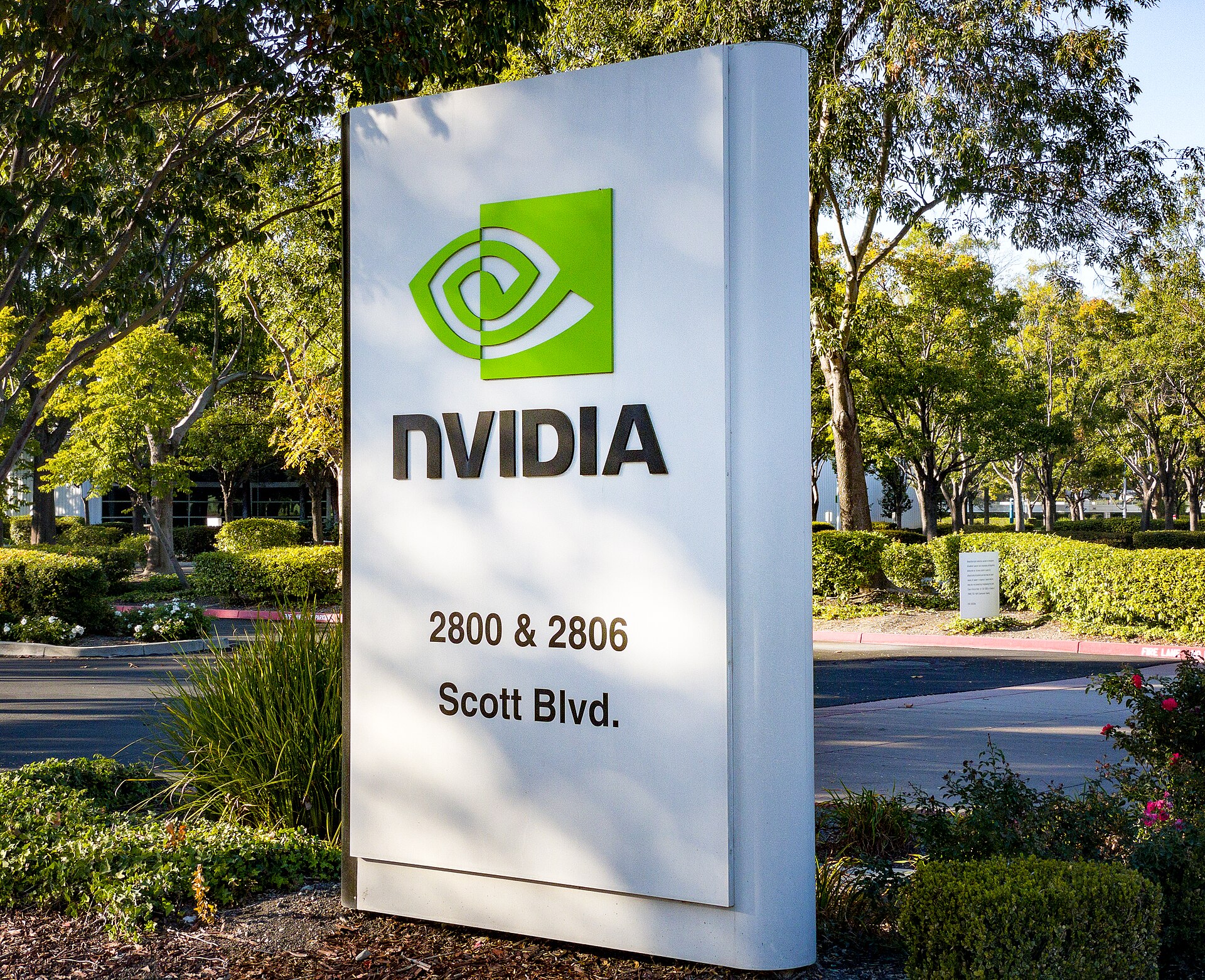 The Nvidia sign at the chipmaker's Santa Clara campus in California — Nvidia is at the centre of the Germany Nvidia AI agreement industry plan