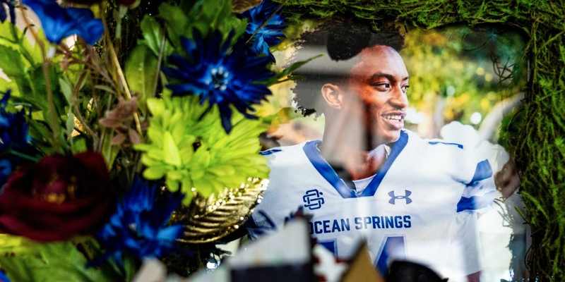 Memorial photo of Nolan Wells in his Ocean Springs football jersey