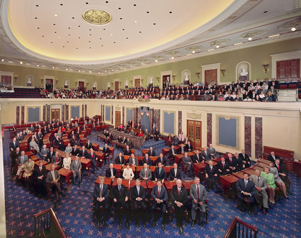 Official class photograph of the US Senate seated in the Senate chamber of the Capitol