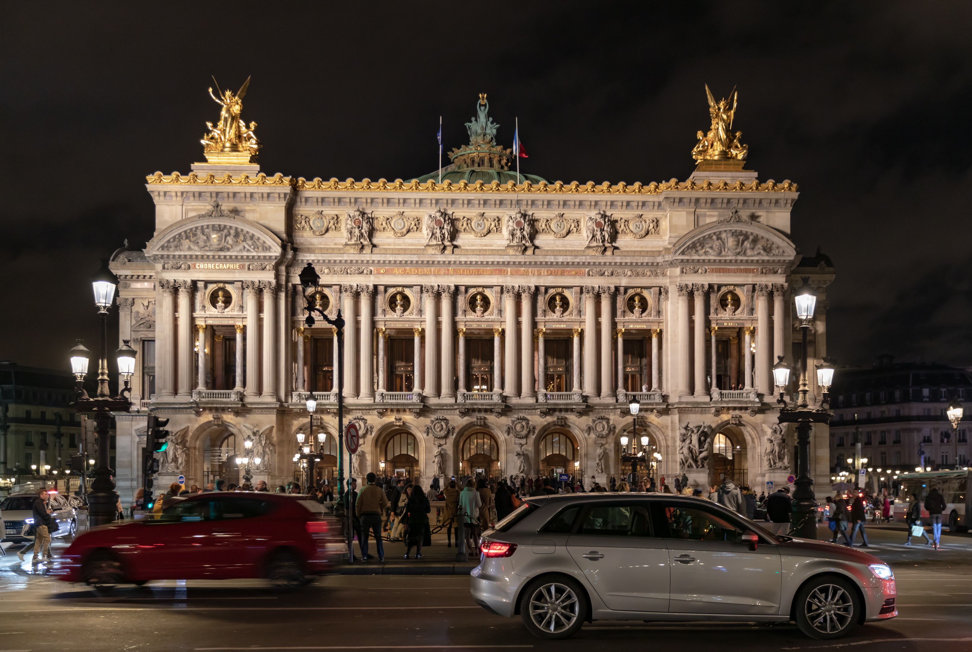 France Yellow Vests march — the Palais Garnier at the Opéra end of the filed Bastille-to-Opéra march route in Paris at night