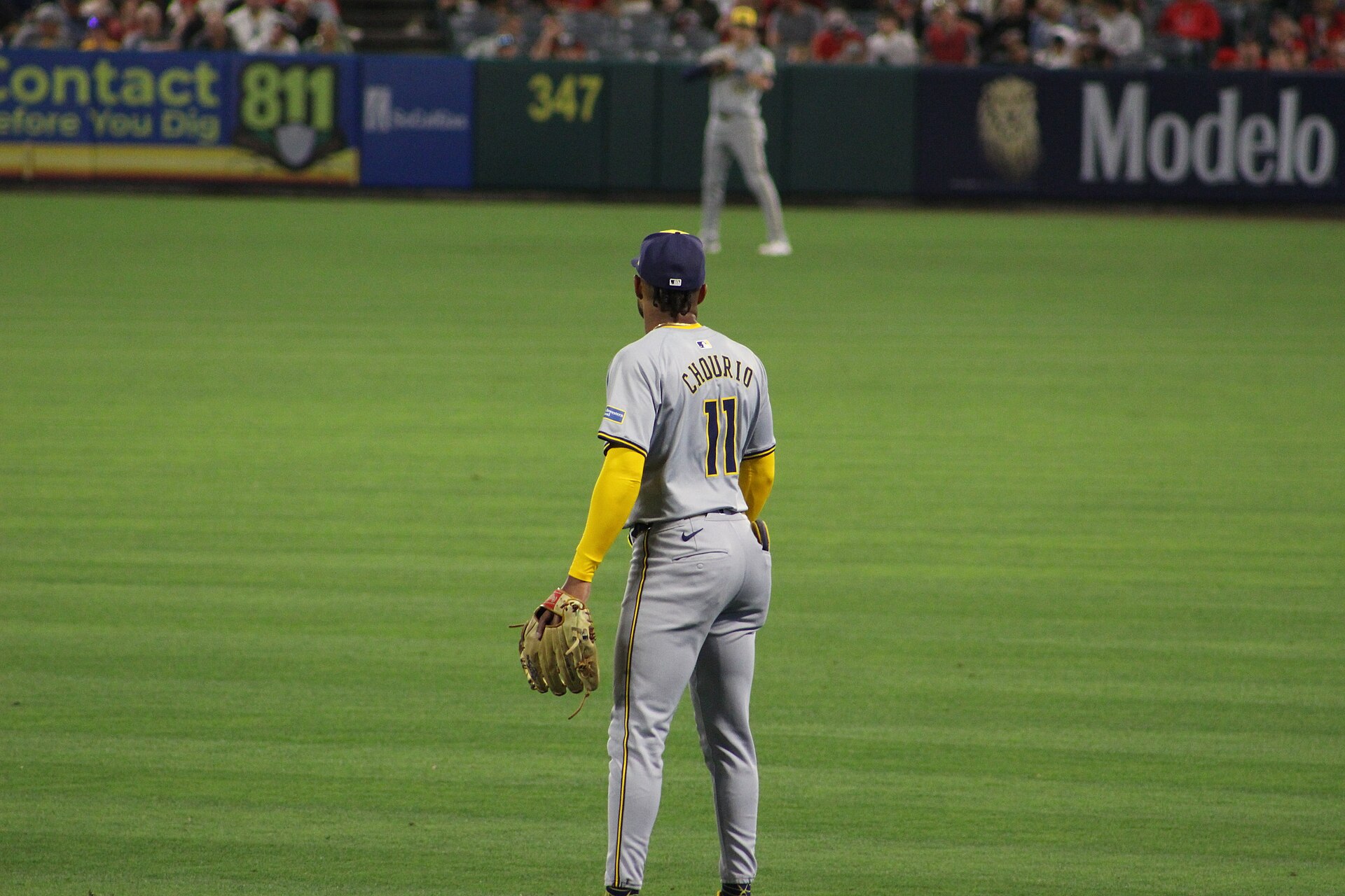 Jackson Chourio in the outfield for Milwaukee, who went 4-for-5 in the Brewers World Series Game 3 score of 10-1 over Tampa Bay
